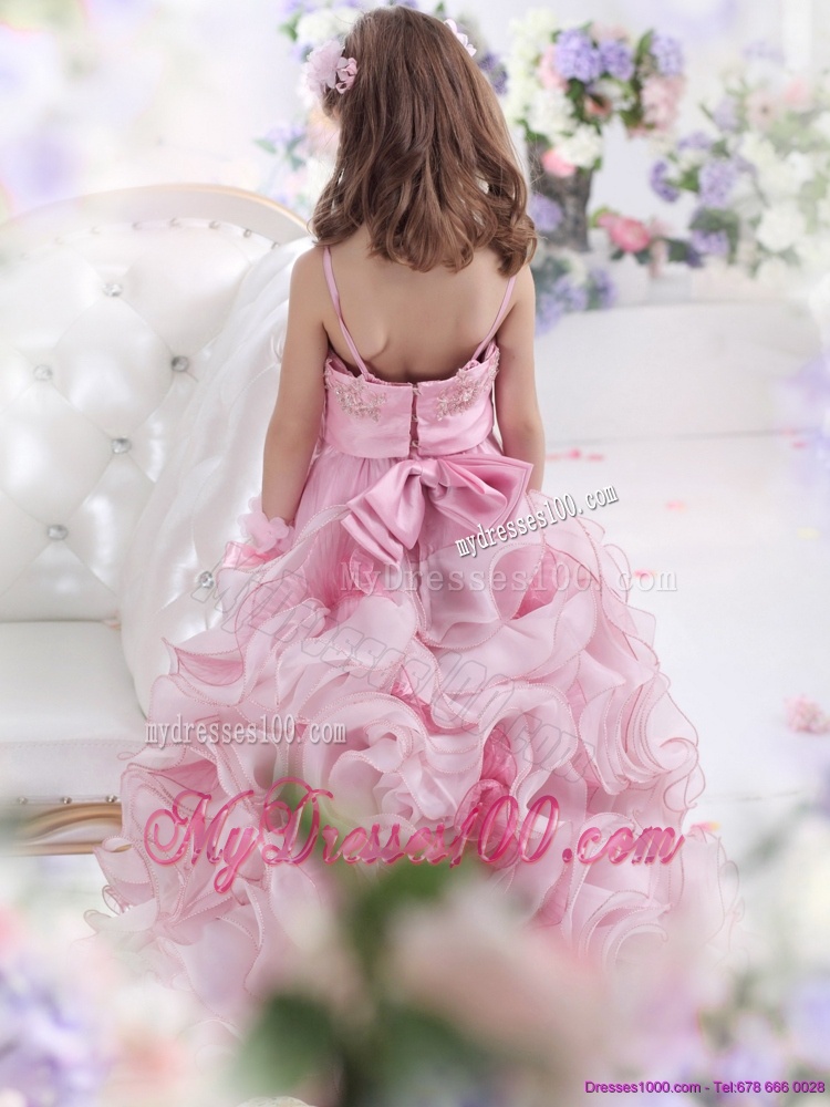 2016 Unique Rose Pink Spaghetti Straps Little Girl Pageant Dress with Appliques