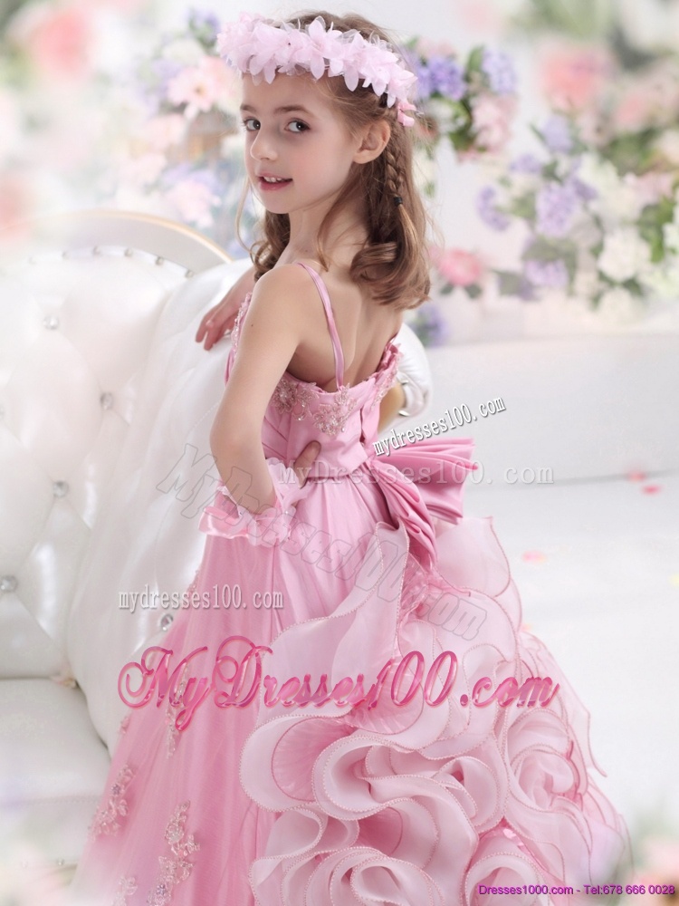 2016 Unique Rose Pink Spaghetti Straps Little Girl Pageant Dress with Appliques