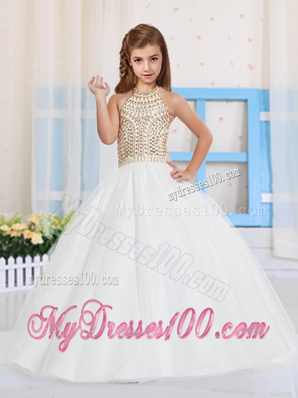 Ball Gown Halter Tulle Beading Little Girl Pageant Dress in White
