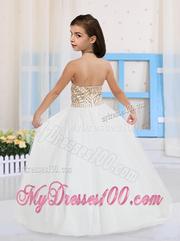 Ball Gown Halter Tulle Beading Little Girl Pageant Dress in White