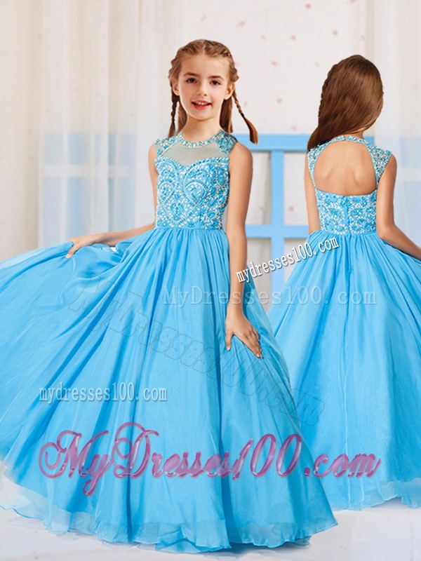 Ball Gown Scoop Beaded Little Girl Pageant Dress in Aqua Blue