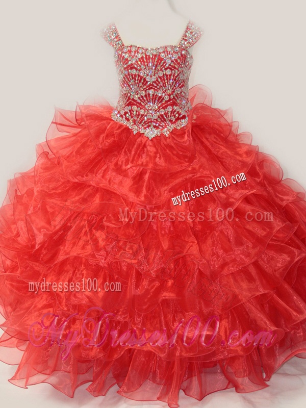 Ball Gown Straps Organza Beaded Bodice Lace Up Little Girl Pageant Dress in Red