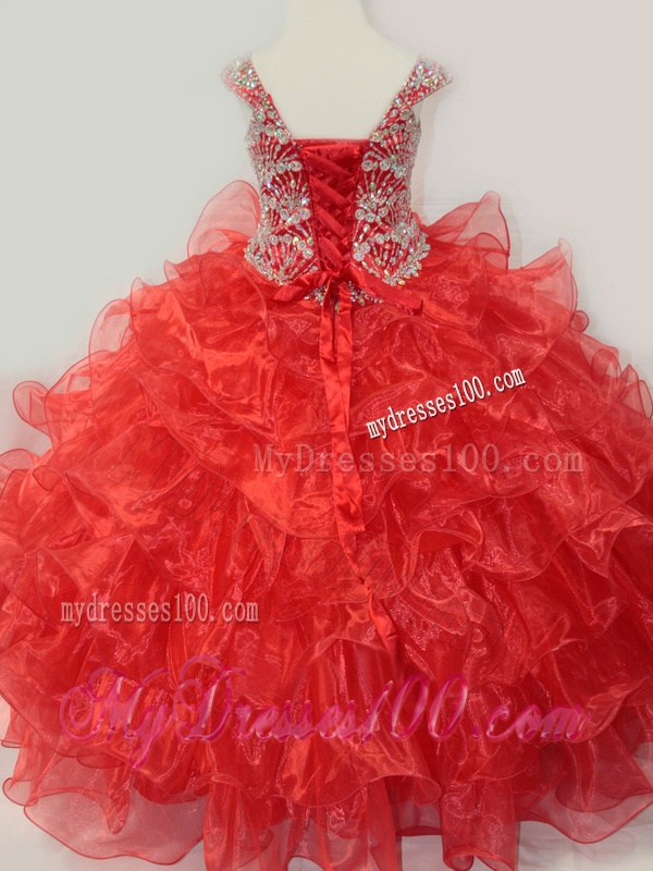 Ball Gown Straps Organza Beaded Bodice Lace Up Little Girl Pageant Dress in Red