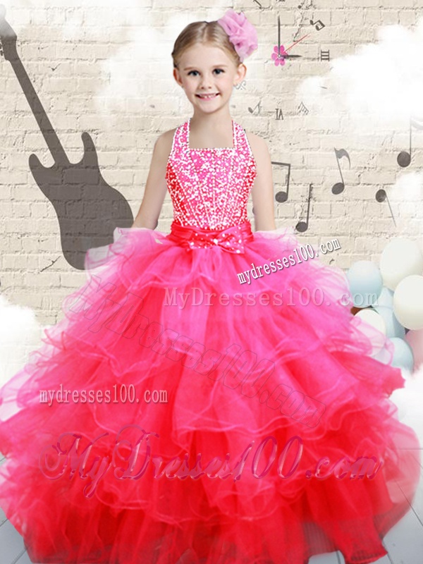 Beautiful Halter Top Hot Pink Little Girl Pageant Dresses with Beading