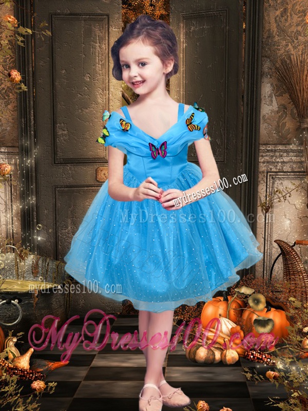 Beautiful Off the Shoulder Tea Length Little Girl Pageant Dress with Colorful Butterfly