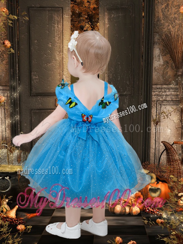 Beautiful Off the Shoulder Tea Length Little Girl Pageant Dress with Colorful Butterfly