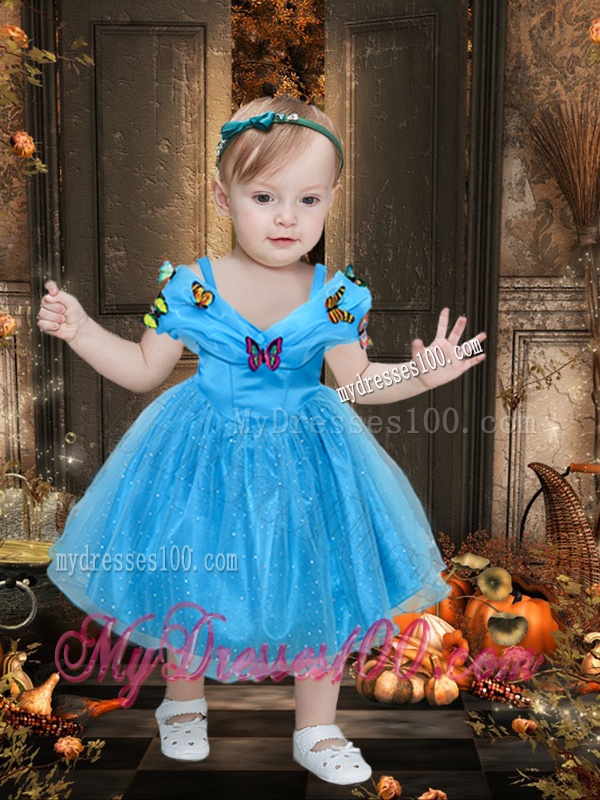 Beautiful Off the Shoulder Tea Length Little Girl Pageant Dress with Colorful Butterfly
