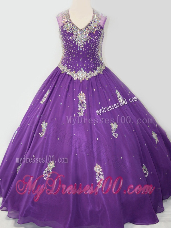 Cheap Ball Gown V Neck Organza Beaded and Applique Little Girl Pageant Dress in Purple