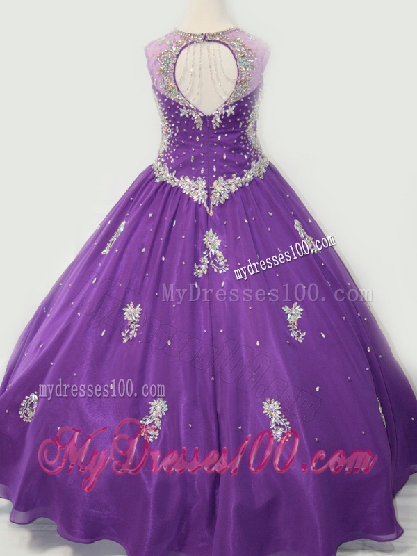 Cheap Ball Gown V Neck Organza Beaded and Applique Little Girl Pageant Dress in Purple