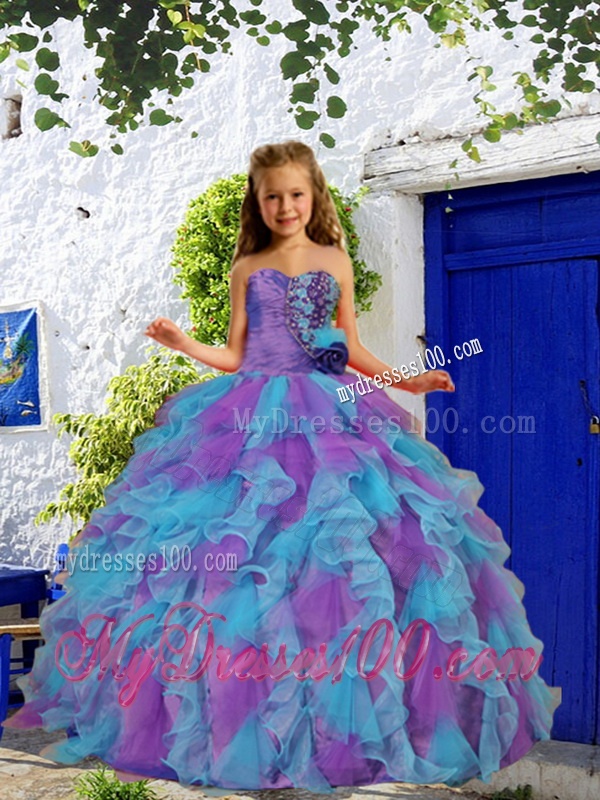 Cheap Beading and Ruffles Purple and Blue Little Girl Pageant Dress with Hand Made Flower