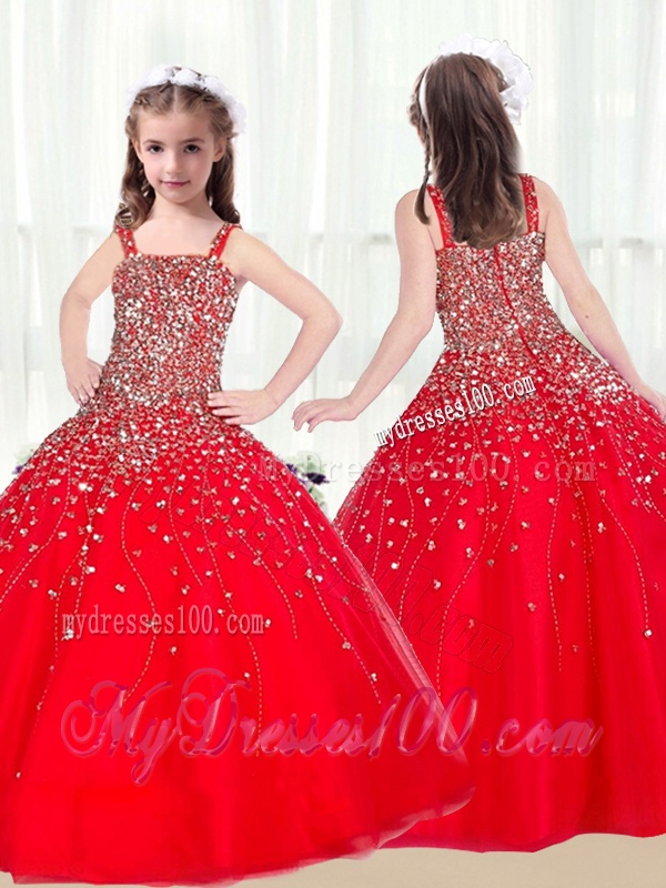 Cute Ball Gown Straps Beading Red Little Girl Pageant Dresses