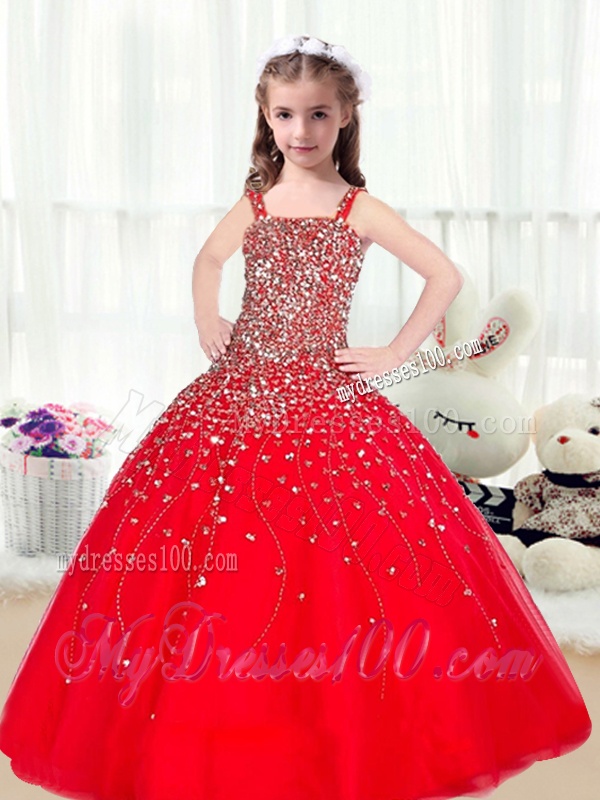 Cute Ball Gown Straps Beading Red Little Girl Pageant Dresses