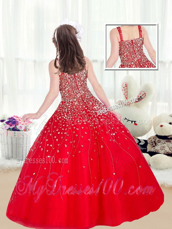 Cute Ball Gown Straps Beading Red Little Girl Pageant Dresses