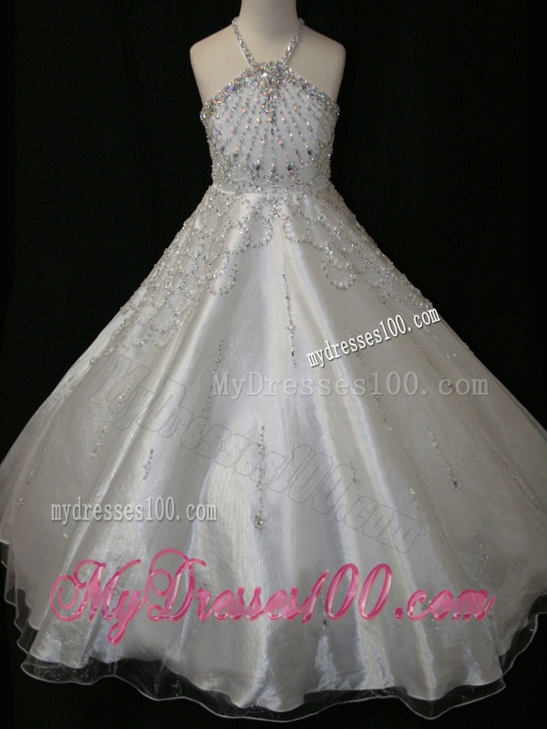 Elegant A Line Beaded Decorated Halter Top and Bodice Little Girl Pageant Dress