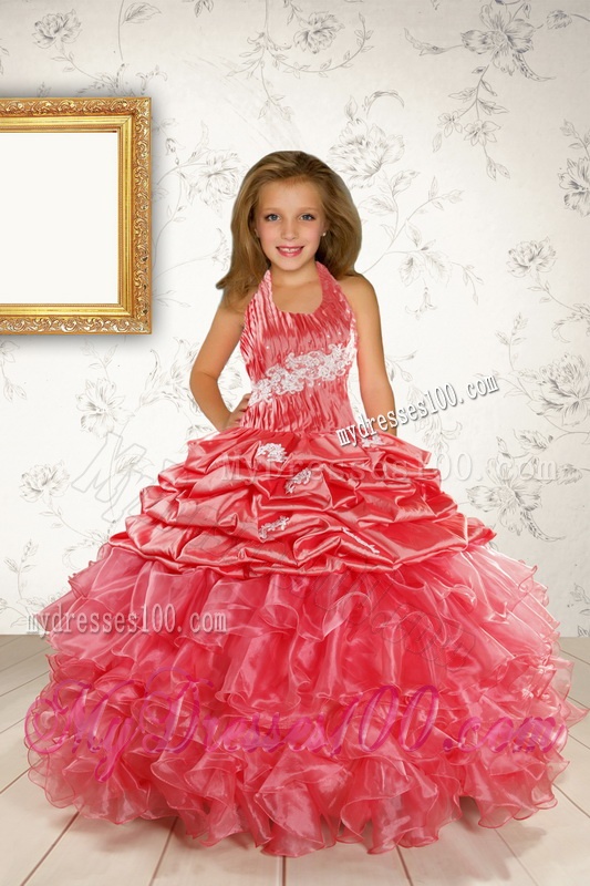Exquisite Appliques and Ruffles Coral Red Little Girl Pageant Dress for 2016 Spring