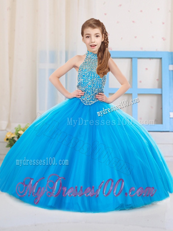 Fashionable Ball Gown Halter Floor-length Tulle Beaded Little Girl Pageant Dress
