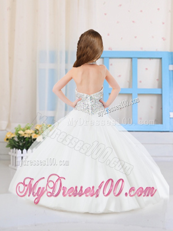 Fashionable Ball Gown Halter Floor-length Tulle Beaded Little Girl Pageant Dress