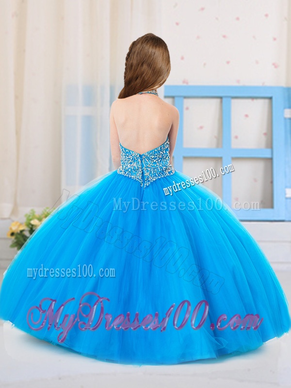 Fashionable Ball Gown Halter Floor-length Tulle Beaded Little Girl Pageant Dress