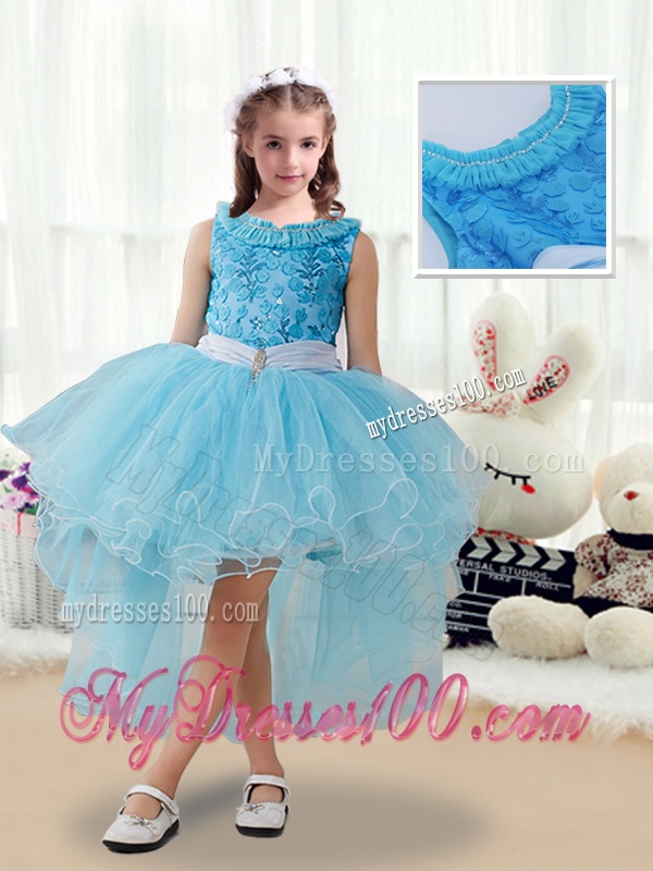 Latest High Low Little Girl Pageant Dresses with Belt and Appliques