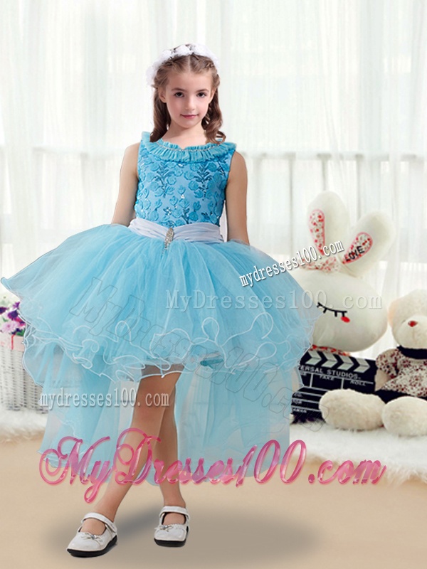 Latest High Low Little Girl Pageant Dresses with Belt and Appliques