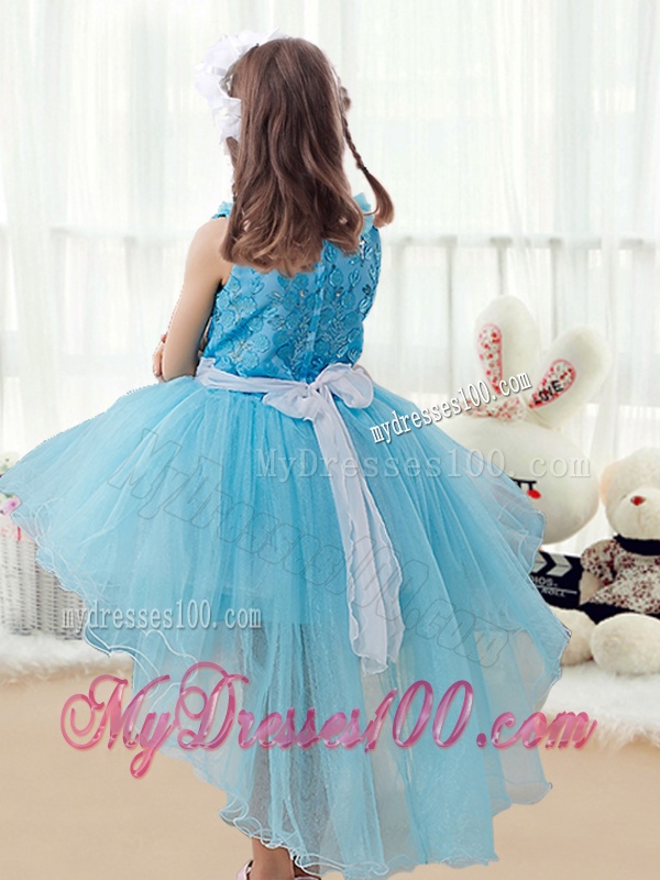 Latest High Low Little Girl Pageant Dresses with Belt and Appliques