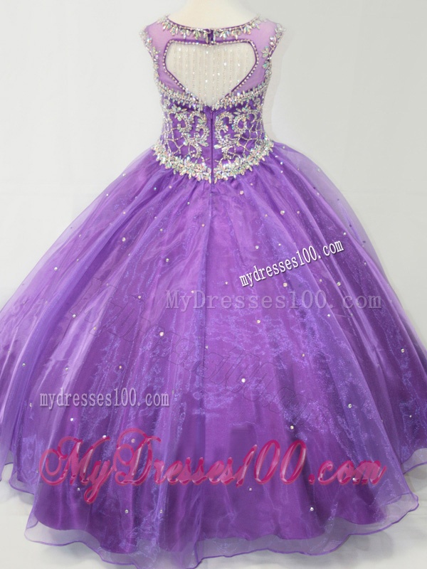 Latest Open Back Beaded Bodice Little Girl Pageant Dress in Purple