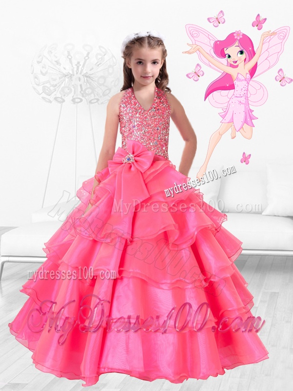 Perfect Hand Made Flowers Rose Pink Little Girl Pageant Dresses with Halter Top