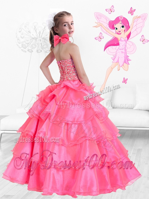 Perfect Hand Made Flowers Rose Pink Little Girl Pageant Dresses with Halter Top