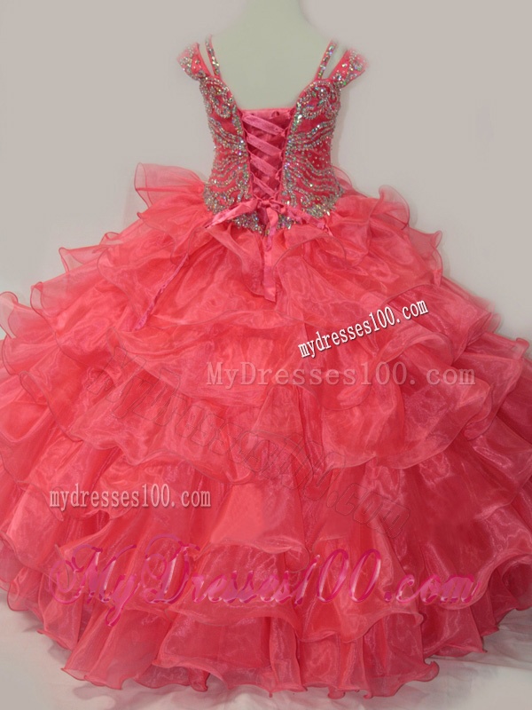 Perfect Sweetheart Beaded Little Girl Pageant Dress with Spaghetti Straps in Coral Red