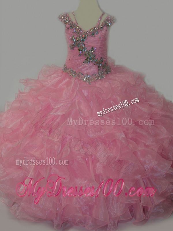 Popular V-neck Ruffled Little Girl Pageant Dress with Spaghetti Straps and Sequins
