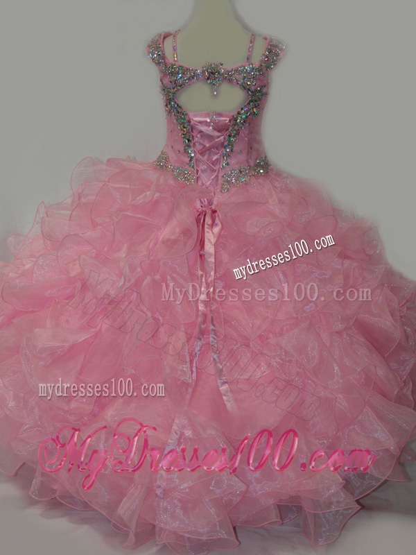 Popular V-neck Ruffled Little Girl Pageant Dress with Spaghetti Straps and Sequins