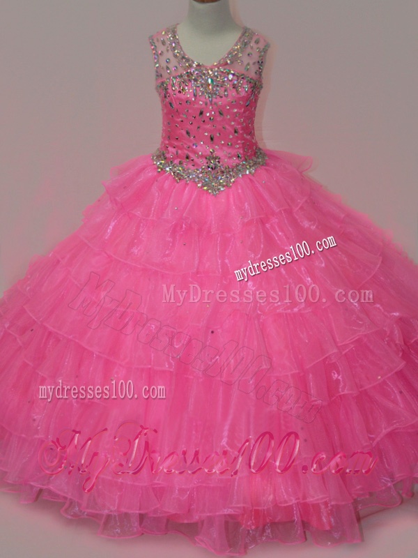 Pretty Rose Pink Little Girl Pageant Dress with Beading and Ruffled Layers