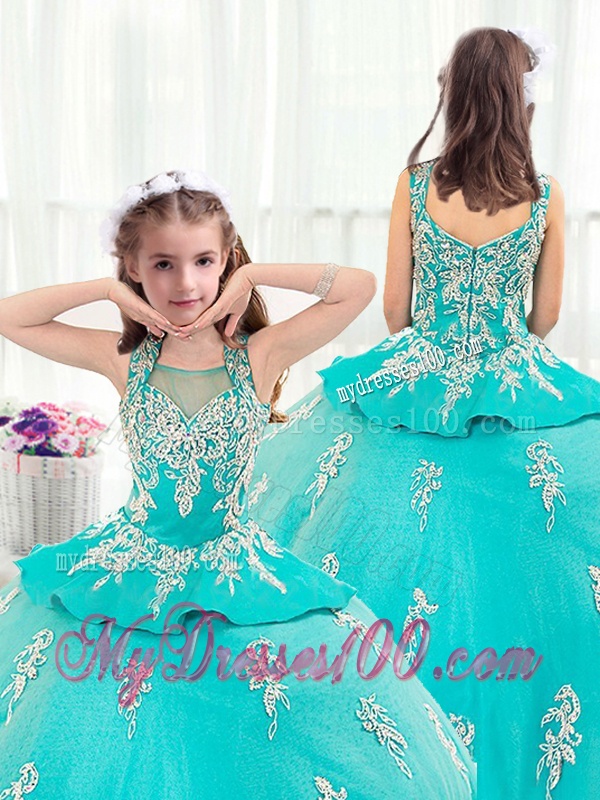 Pretty Straps Turquoise Little Girl Pageant Dresses with Appliques