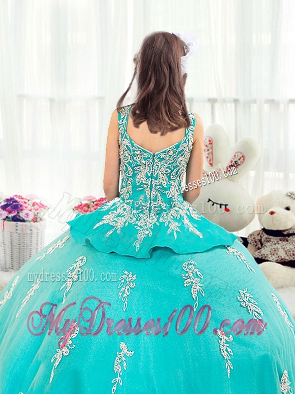 Pretty Straps Turquoise Little Girl Pageant Dresses with Appliques