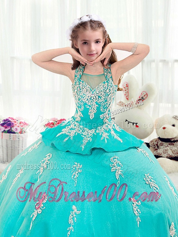 Pretty Straps Turquoise Little Girl Pageant Dresses with Appliques