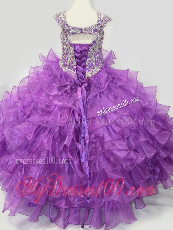 Puffy Skirt V-neck Lace Up Little Girl Pageant Dress with Straps and Ruffled Layers