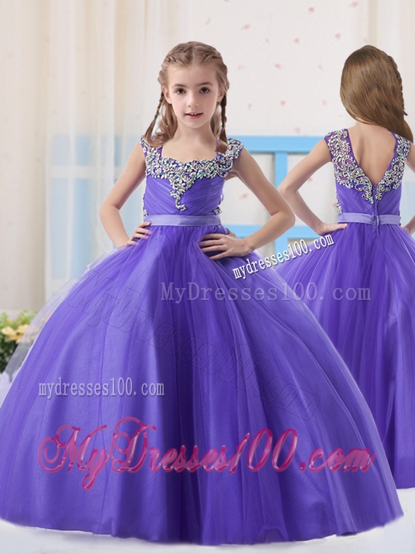 Purple Straps Tulle Purple Zipper Up Little Girl Pageant Dress with Beading