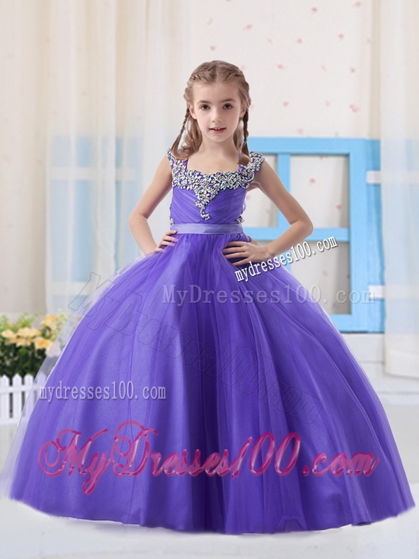 Purple Straps Tulle Purple Zipper Up Little Girl Pageant Dress with Beading