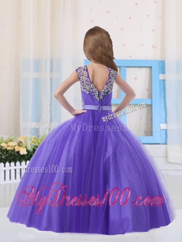 Purple Straps Tulle Purple Zipper Up Little Girl Pageant Dress with Beading