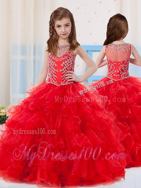 Red Ball Gowns Scoop Organza Beaded Bodice Little Girl Pageant Dress with Side Zipper