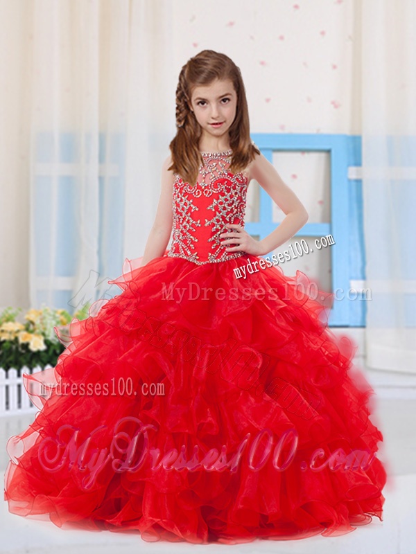 Red Ball Gowns Scoop Organza Beaded Bodice Little Girl Pageant Dress with Side Zipper