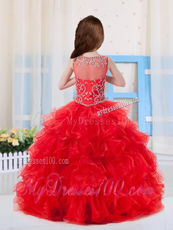 Red Ball Gowns Scoop Organza Beaded Bodice Little Girl Pageant Dress with Side Zipper