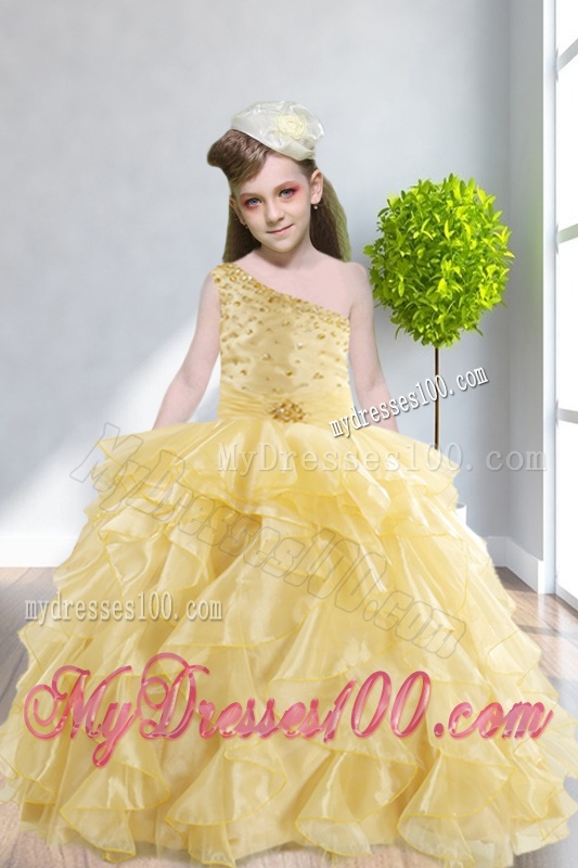 Ruffles and Beading 2016 Popular Little Girl Pageant Dress with One Shoulder