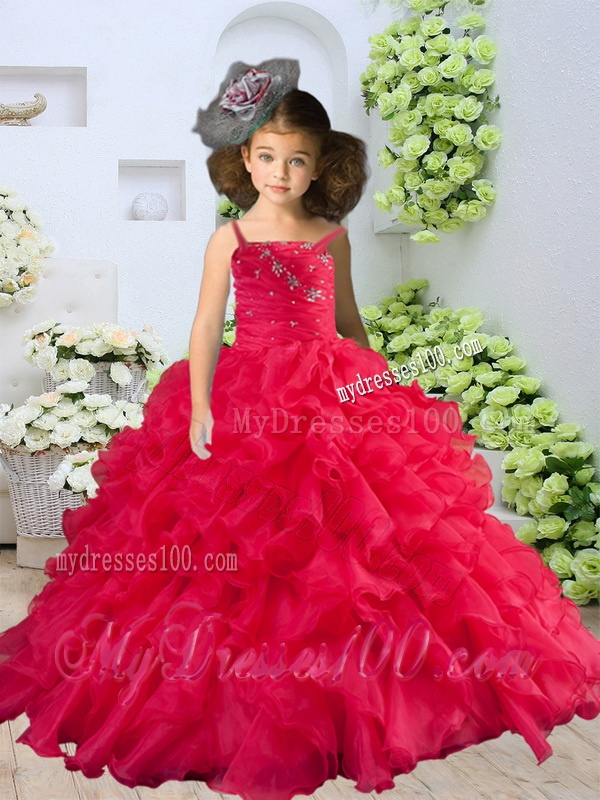 Straps Beading and Ruching Little Girl Pageant Dress in Coral Red
