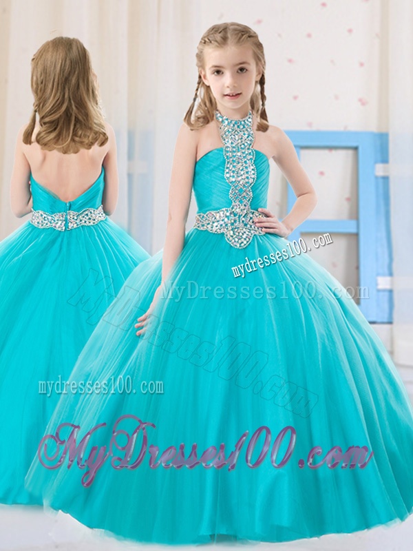 Sweet Ball Gown Halter Beading Aqua Blue Little Girl Pageant Dress in Tulle