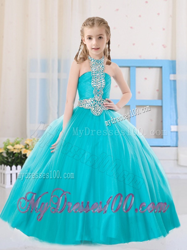 Sweet Ball Gown Halter Beading Aqua Blue Little Girl Pageant Dress in Tulle