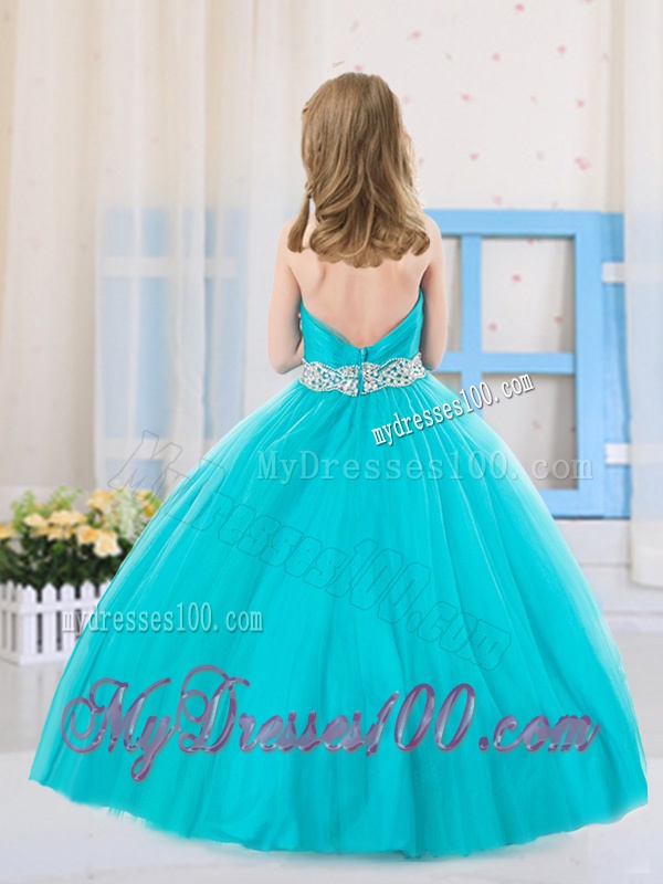 Sweet Ball Gown Halter Beading Aqua Blue Little Girl Pageant Dress in Tulle