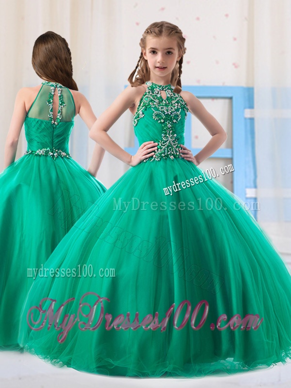 Top Selling Ball Gowns Halter Beaded Little Girl Pageant Dress in Turquoise