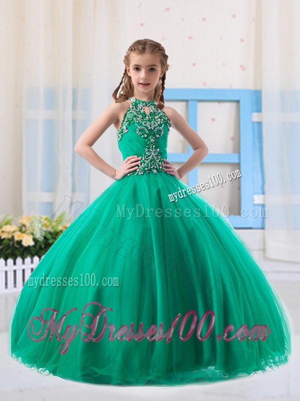 Top Selling Ball Gowns Halter Beaded Little Girl Pageant Dress in Turquoise