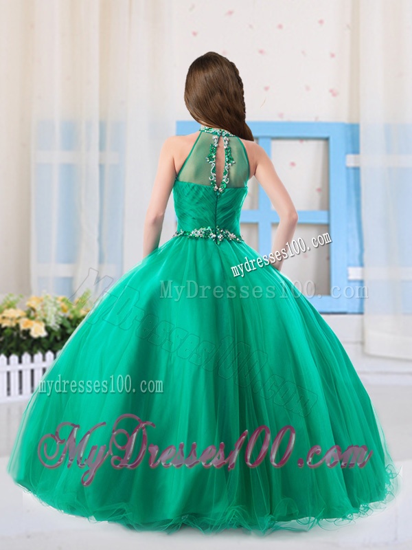 Top Selling Ball Gowns Halter Beaded Little Girl Pageant Dress in Turquoise